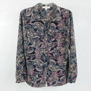 Studio Works Womens Black Floral Paisley Button Down Split Side Shirt Top Blouse